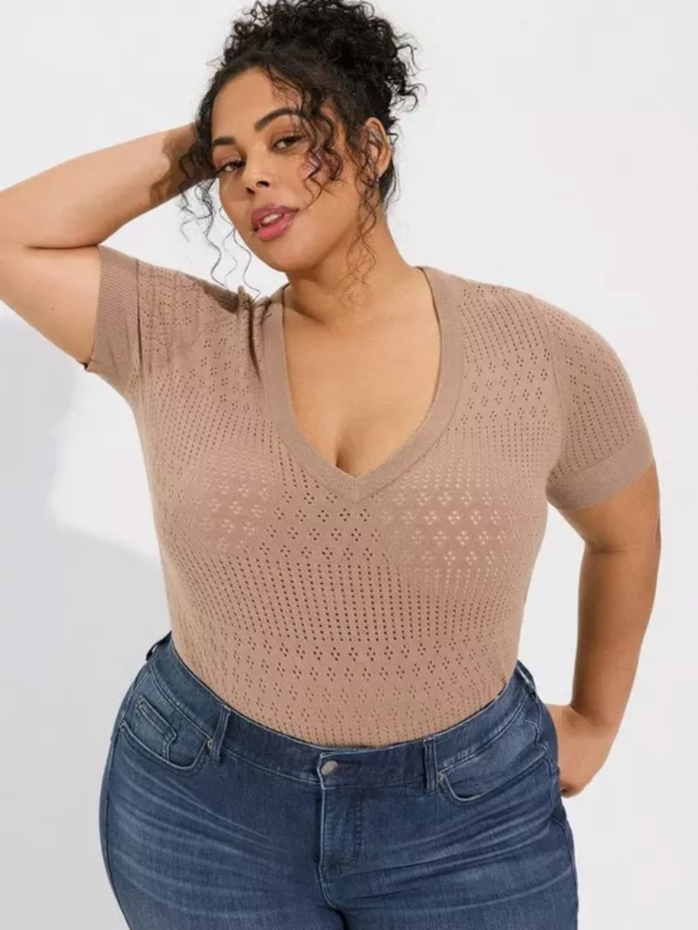 Torrid Taupe Everyday Soft Pointelle Pullover V-Neck Short Sleeve Sweater